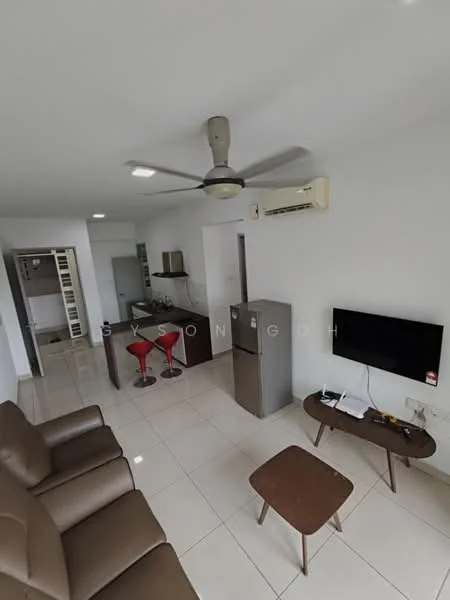 Living features: 3-seater leather sofa in brown, coffee table, wall-mounted TV, 1 wall-mounted split AC, 5-blade ceiling fan with light, white painted walls, tile flooring, open layout to kitchen, decorative wall shelf; style: modern. Kitchen features: stainless-steel fridge, kitchen island with bar stools, white cabinetry, black countertop, open shelving, tile backsplash, built-in oven, ceramic cooktop; style: modern.