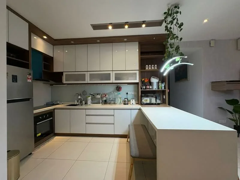 Kitchen features: white cabinetry with flat-panel design, wooden countertop, stainless-steel fridge, built-in oven, 4-burner gas hob, single-bowl stainless-steel sink, chrome pull-down faucet, open shelving, pendant light, recessed downlights, tile flooring, greenery hanging from ceiling; style: modern.