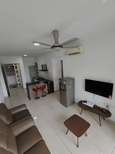 Living features: 3-seater brown leather sofa, wooden coffee table, wall-mounted TV, 1 wall-mounted split AC, 5-blade ceiling fan with light, glossy white tiled flooring, neutral painted walls, open layout to kitchen, bar counter with 2 red stools; style: modern. Kitchen features: kitchen cabinets, countertop, refrigerator, open layout to living area; style: modern.