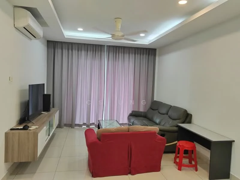 Living features: 3-seater leather sofa in dark grey, 2-seater fabric sofa in red, glass coffee table, TV console with storage, wall-mounted TV, floor-to-ceiling windows with sheer curtains, recessed ceiling lights, ceiling fan, white painted walls, tile flooring, air conditioning unit; style: modern.