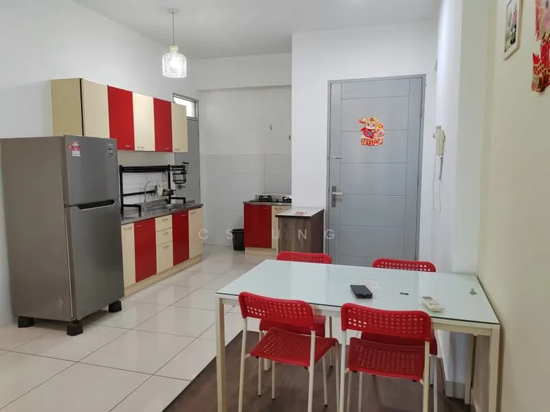 Kitchen features: red and cream cabinetry, stainless-steel fridge, built-in gas stove, black countertop, white tiled backsplash, white tiled flooring, pendant light fixture, dining table with four red chairs; style: modern.