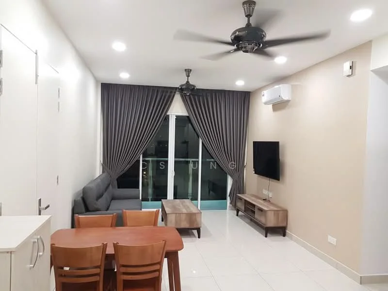 Living features: 3-seater fabric sofa in grey, wooden coffee table, wall-mounted TV, 2-blade ceiling fan, recessed LED downlights, floor-to-ceiling sliding glass door, curtains in dark grey, white painted walls, glossy tile flooring, air conditioning unit; style: modern; view: city.
