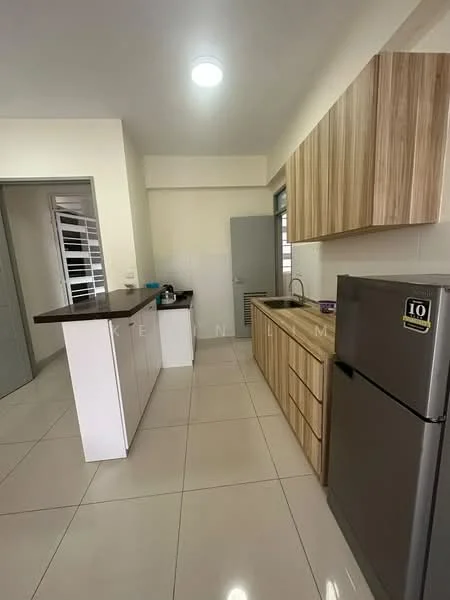 Kitchen features: laminate cabinetry in light wood finish, white upper cabinets, dark countertop, stainless-steel sink, chrome pull-down faucet, built-in refrigerator in stainless steel, ceramic tile flooring, recessed ceiling lights; style: modern.