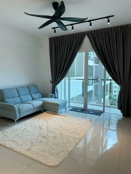Living features: 3-seater fabric sofa in light blue, area rug with fluffy texture, floor-to-ceiling sliding glass door, black ceiling fan with 5 blades, curtains in dark grey, glossy tile flooring, wall-mounted lighting track, white painted walls; style: modern; view: city.