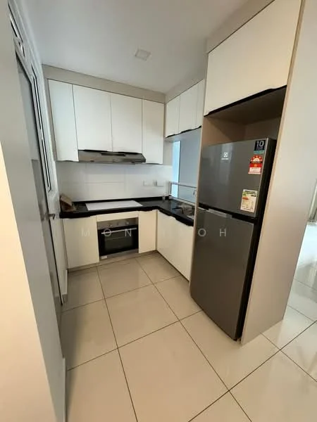Kitchen features: white flat-panel cabinets, black granite countertop, stainless-steel sink, chrome pull-down faucet, built-in oven, freestanding fridge, ceramic tile flooring, white tiled backsplash, wall-mounted range hood, recessed downlights; style: modern.
