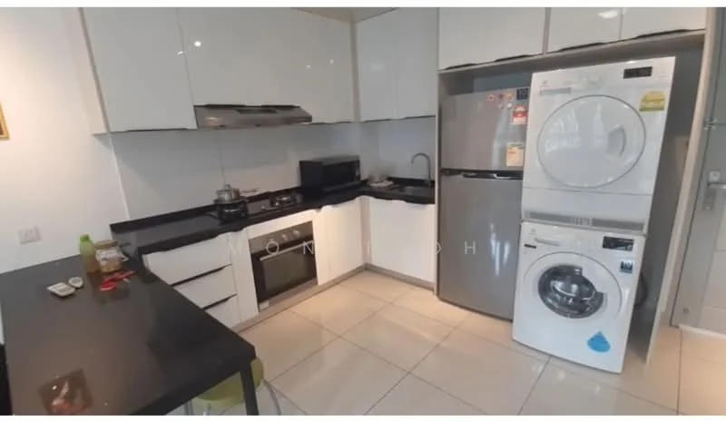 Kitchen features: white high-gloss cabinetry, black granite countertop, stainless-steel built-in oven, stainless-steel gas hob, stainless-steel range hood, stainless-steel fridge, front-load washing machine, white ceramic tile flooring, single-bowl stainless-steel sink, chrome pull-down faucet, wall-mounted kitchen cabinet, kitchen utensils on countertop, decorative wall art; style: modern.