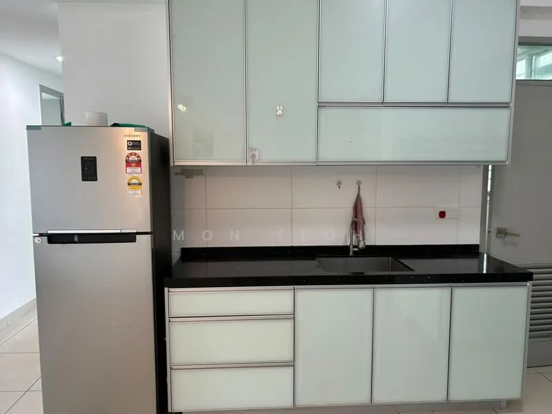 Kitchen features: stainless-steel fridge, black granite countertop, white glass upper cabinets, white lower cabinets, single-bowl stainless-steel sink, chrome pull-down faucet, white tiled backsplash, built-in oven, ceramic tile flooring, recessed downlights; style: modern.