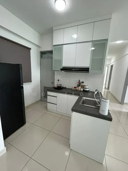 Kitchen features: white cabinetry with glass fronts, grey countertop, single-bowl stainless-steel sink, chrome pull-down faucet, built-in oven, stainless-steel fridge, ceramic tile flooring, recessed downlights, window with roller blinds, open layout, wall-mounted kitchen hood; style: modern.