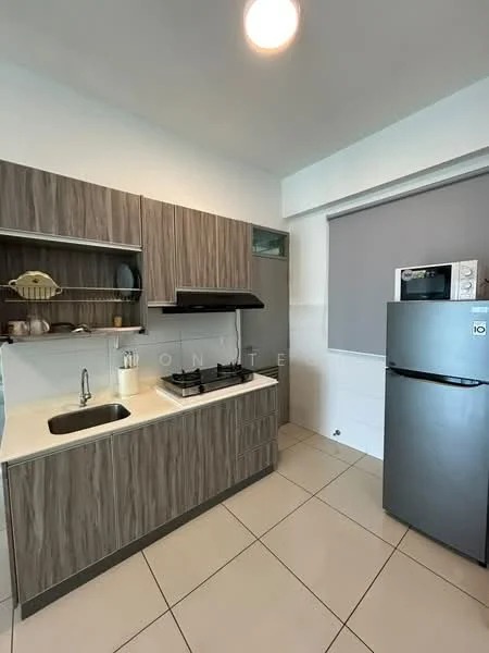 Kitchen features: laminate cabinetry in wood finish, white countertop, single-bowl stainless-steel sink, chrome pull-down faucet, built-in gas hob with 2 burners, exhaust hood, microwave, stainless-steel fridge, open shelving, tile flooring, grey roller blinds; style: modern.