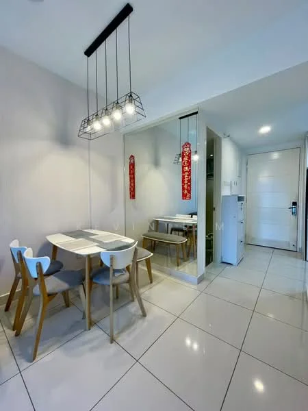 Dining features: rectangular dining table with white surface, 4 dining chairs in white and grey, pendant light fixture with 3 bulbs, white tiled flooring, light grey painted walls, glass partition wall, wall-mounted cabinet, door to hallway, decorative red wall hangings; style: modern.