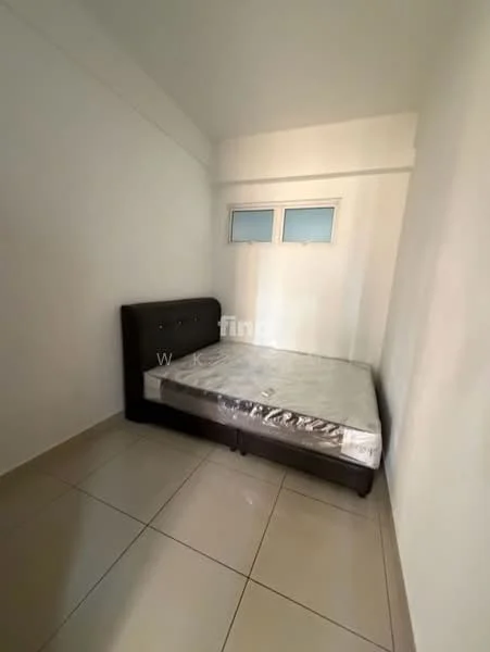 Bedroom features: single bed with mattress, brown wooden bed frame, white painted walls, tile flooring, small window with glass panes, minimalist decor; style: modern.