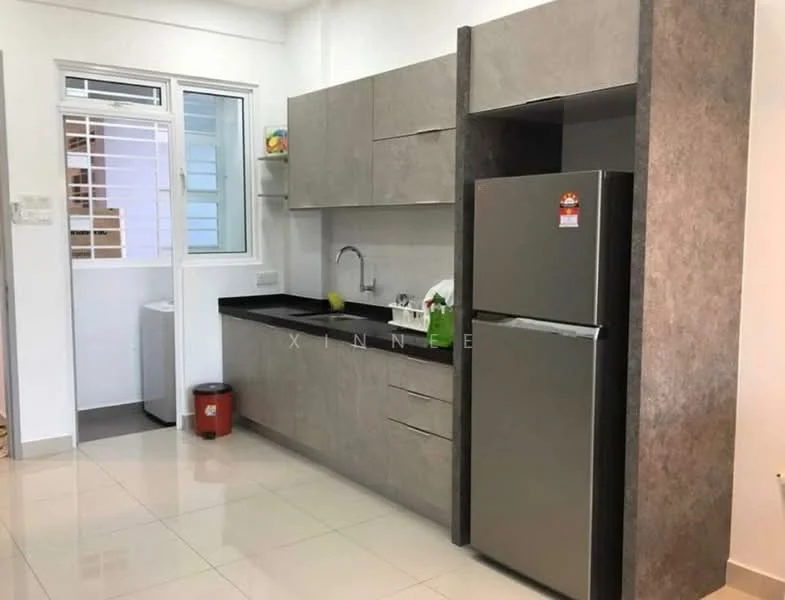 Kitchen features: grey laminate cabinetry, black countertop, single-bowl stainless-steel sink, chrome pull-down faucet, built-in fridge, white walls, ceramic tile flooring, window with white frame, washing machine, red trash bin; style: modern.