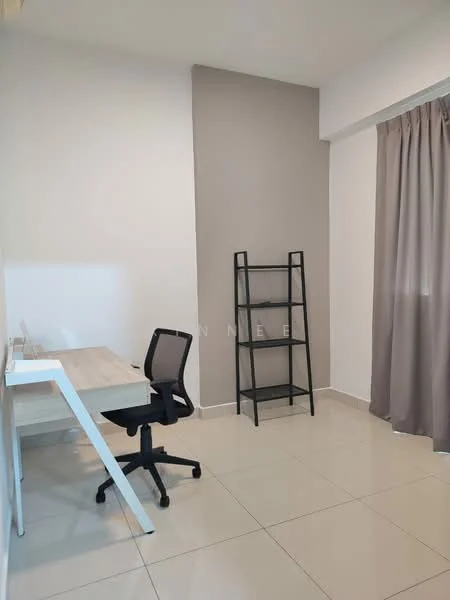 Study features: white painted walls, grey accent wall, tile flooring, desk with white surface, black office chair, black shelving unit, curtains, window, neutral decor; style: modern.