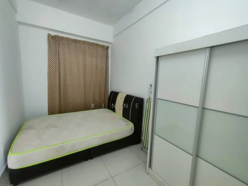 Bedroom features: queen-size bed with mattress, beige bed frame, sliding mirror wardrobe, cream curtains, white painted walls, tile flooring, air conditioning unit, decorative wall paneling; style: modern.
