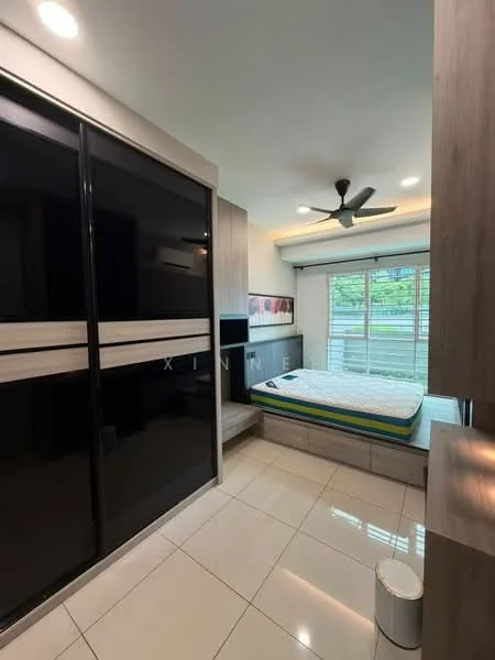 Bedroom features: queen-size bed, black sliding wardrobe, wooden cabinetry, white tiled flooring, ceiling fan, recessed downlights, large window with blinds, decorative wall panel, mattress on bed frame, built-in bedside table; style: modern; view: garden.