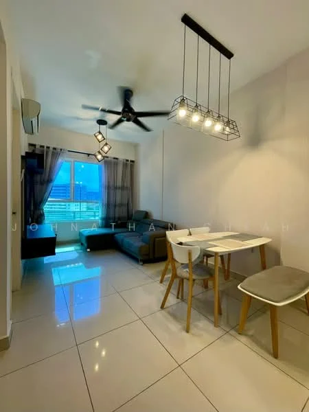 Living features: grey fabric sofa, 3-seater sofa, white dining table, 2 dining chairs, pendant light fixture with multiple bulbs, ceiling fan with light, wall-mounted TV, floor-to-ceiling window, curtains, glossy tile flooring, neutral painted walls; style: modern; view: city.