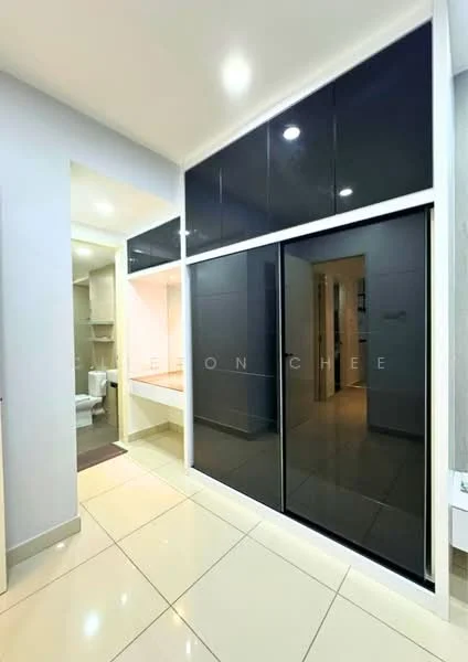 Room features: glossy black cabinetry, white walls, tile flooring, recessed downlights, mirror panel, open doorway leading to bathroom, built-in storage, neutral color scheme; style: modern.