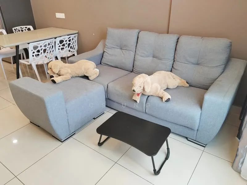 Living features: grey fabric sofa, 2-seater sofa with chaise, black coffee table, white dining table with chairs, tile flooring, neutral wall color, decorative stuffed animals on sofa, natural light from window; style: modern.