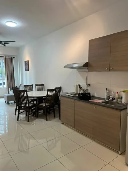 Kitchen features: white painted walls, glossy white tile flooring, wood cabinetry in light brown, stainless-steel sink, chrome pull-down faucet, built-in stove with exhaust hood, countertop with space for appliances, kitchen utensils and dishware visible, dining table with six wooden chairs, natural light from window, recessed ceiling lights; style: modern. Dining features: 6-seater dining table, wooden dining chairs, decorative wall art, natural light from window; style: modern.