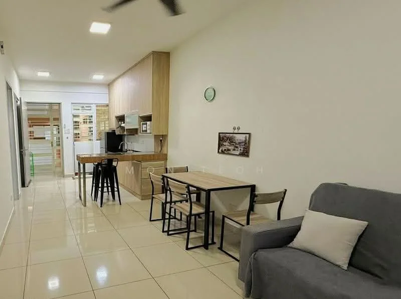 Living features: grey fabric sofa, square coffee table, dining table with 4 chairs, kitchen island with bar stools, white walls, tile flooring, recessed LED downlights, wall clock, built-in cabinetry, open shelving, kitchen appliances visible; style: modern.