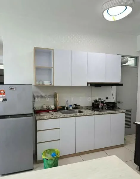 Kitchen features: white shaker cabinets, granite countertop, single-bowl stainless-steel sink, chrome pull-down faucet, built-in stove with range hood, stainless-steel fridge, ceramic tile flooring, recessed ceiling light, open shelving, wall-mounted cabinet, window above sink; style: modern.