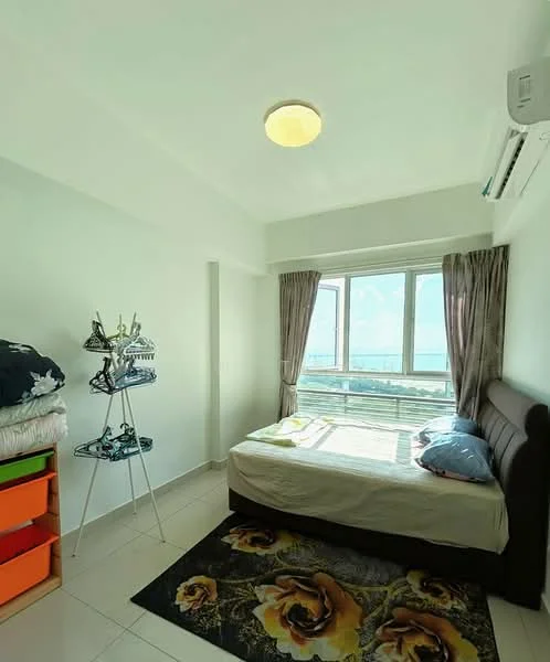 Bedroom features: queen-size bed, upholstered headboard, bedside lamp, floor-to-ceiling windows, sheer curtains, air conditioning unit, tile flooring, decorative area rug with floral pattern, built-in wardrobe, wall-mounted shelving unit; style: modern; view: sea.