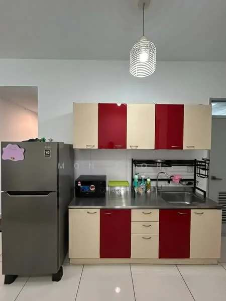 Kitchen features: stainless-steel fridge, cream cabinetry with red accents, single-bowl stainless-steel sink, chrome pull-down faucet, black countertop, built-in microwave, open shelving, pendant light, white tiled flooring, wall-mounted storage rack; style: modern.