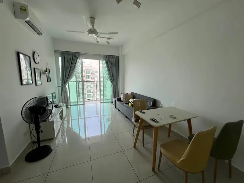 Living features: white painted walls, glossy tile flooring, 5-blade ceiling fan with light, floor-to-ceiling windows, sliding glass door, curtains, grey fabric sofa, TV console, wall-mounted TV, dining table with two chairs, decorative wall clock, wall-mounted artwork, standing fan; style: modern; view: city.