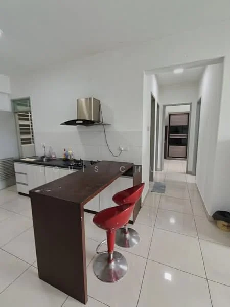 Kitchen features: white painted walls, glossy tile flooring, kitchen island with bar stools, stainless-steel range hood, built-in gas hob, black countertop, open shelving, built-in oven, refrigerator, under-cabinet lighting; style: modern. Hallway features: white painted walls, glossy tile flooring, doorway to living area, doorway to utility area; style: modern.