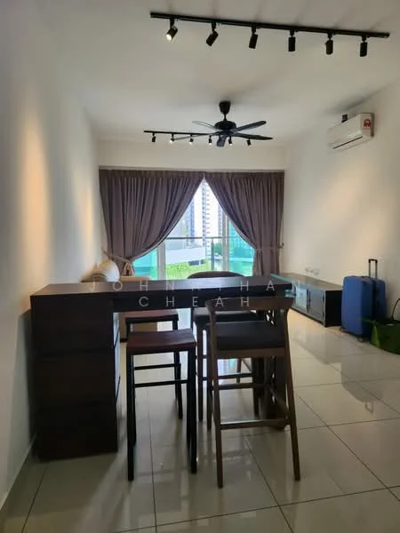 Dining features: 4-seater dining table, wooden dining chairs, floor-to-ceiling windows, sheer curtains, grey tiled flooring, ceiling fan with light, wall-mounted air conditioning unit, decorative wall, greenery view outside; style: modern; view: garden.