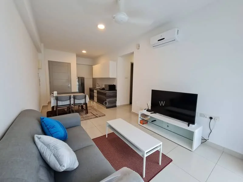 Living features: grey fabric sofa, blue throw pillows, white coffee table, area rug in red, wall-mounted TV, TV console in white, dining table with two chairs, ceiling fan, wall-mounted air conditioning unit, light-colored tiled flooring, white painted walls, recessed ceiling lights; style: modern.