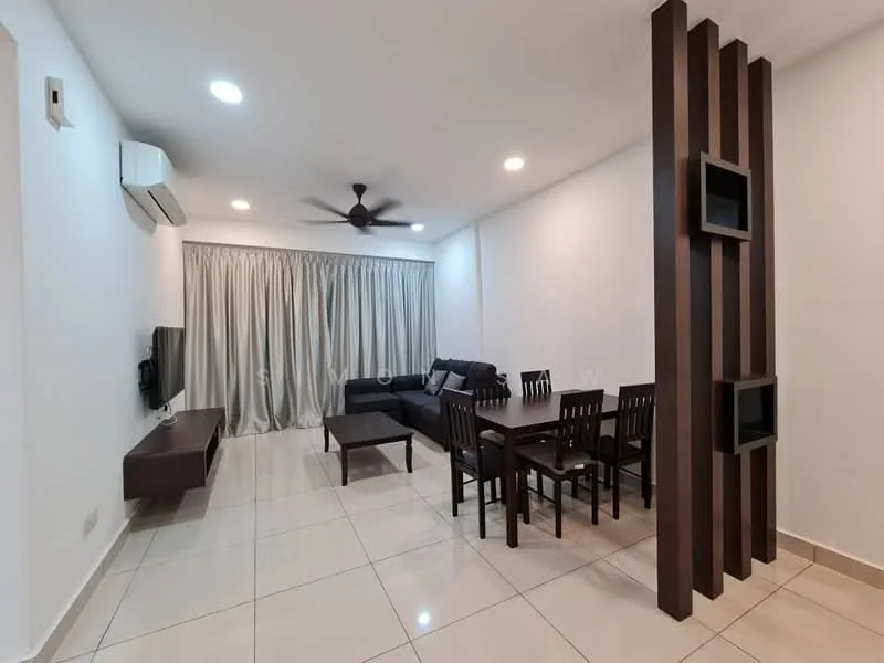 Living features: white painted walls, glossy tile flooring, 5-blade ceiling fan with light, wall-mounted TV, wooden TV console, sofa in dark fabric, dining table with four chairs, sheer curtains, recessed downlights, decorative wall with built-in shelves; style: modern.