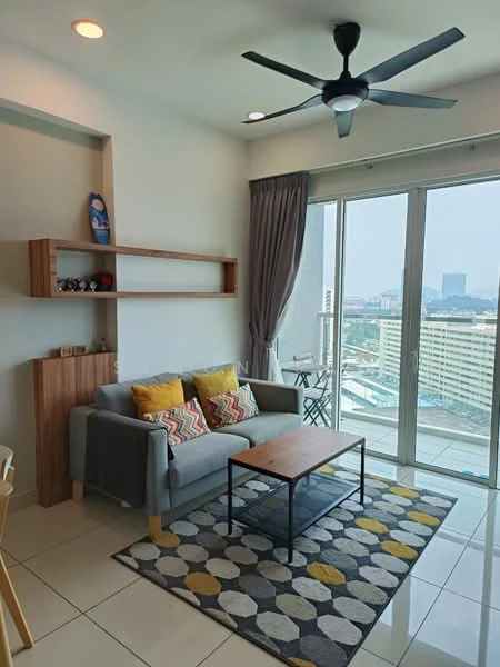 Living features: 3-seater fabric sofa in grey, decorative cushions in various colors, coffee table, area rug with geometric pattern, wall-mounted shelf, floor-to-ceiling windows, curtains, ceiling fan with light, TV console, wall-mounted TV, decorative items on shelf; style: modern; view: city.
