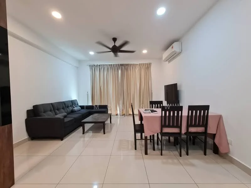 Living features: 3-seater fabric sofa in dark grey, coffee table, wall-mounted TV, dining table with 6 chairs, ceiling fan with light, recessed downlights, floor-to-ceiling windows with sheer curtains, cream painted walls, glossy tile flooring, air conditioning unit; style: modern.