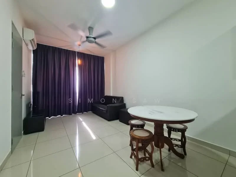Living features: white painted walls, glossy tile flooring, 5-blade ceiling fan with light, sofa in black fabric, round dining table with marble top, 2 wooden chairs, floor-to-ceiling curtains in dark purple, air conditioning unit on wall; style: modern.