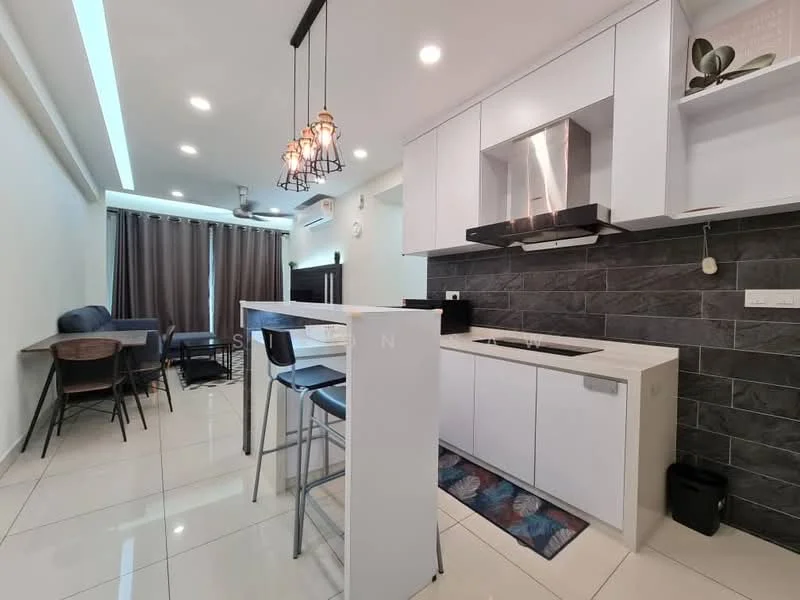Kitchen features: white cabinetry, black countertop, stainless-steel sink, chrome pull-down faucet, built-in oven, 4-burner gas hob, exhaust hood, grey tile backsplash, recessed downlights, pendant lighting, white walls, glossy tile flooring; style: modern. Dining features: bar-height dining table, 2 bar stools, wooden dining chair, decorative wall art; style: modern. Living features: sofa, curtains, wall-mounted TV, coffee table; style: modern.
