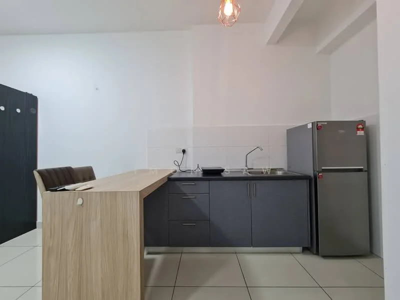 Kitchen features: grey cabinetry, wooden countertop, stainless-steel fridge, single-bowl stainless-steel sink, chrome pull-down faucet, white tiled backsplash, ceramic tile flooring, pendant light, wall-mounted electrical outlet, open shelving; style: modern.