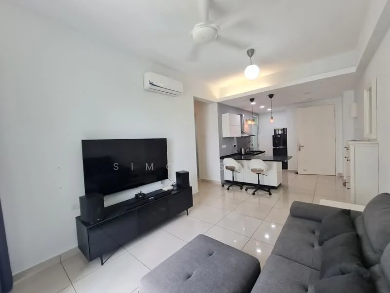 Living features: grey fabric sofa, black TV console, wall-mounted flat-screen TV, ceiling fan, recessed downlights, white painted walls, glossy tile flooring, large window with curtains; style: modern. Kitchen features: kitchen island with bar stools, black cabinetry, stainless-steel fridge, built-in oven, freestanding range oven, pendant lighting, white backsplash, granite countertop; style: modern.