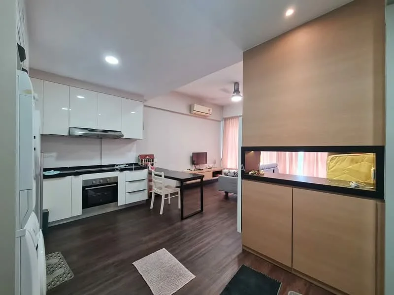 Kitchen features: white glossy cabinets, black countertop, stainless-steel built-in oven, stainless-steel gas hob, stainless-steel range hood, white refrigerator, single-bowl stainless-steel sink, chrome pull-down faucet, wooden dining table, white dining chairs, recessed downlights, laminate flooring in dark brown, wall-mounted air conditioning unit, window with sheer curtains; style: modern. Living features: wall-mounted TV, grey fabric sofa, coffee table, area rug, floor-to-ceiling windows with sheer curtains; style: modern.