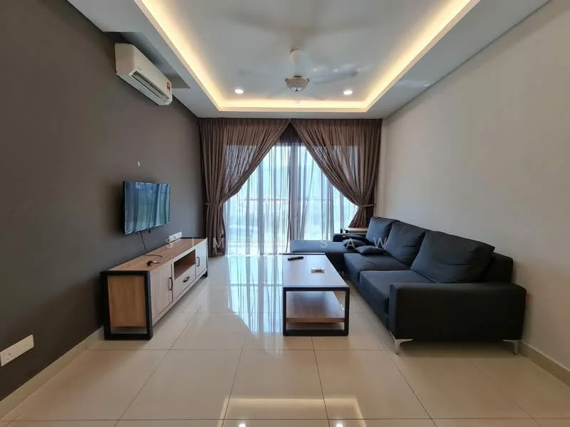 Living features: grey fabric L-shape sectional sofa, wood coffee table, TV console with storage, wall-mounted flat-screen TV, floor-to-ceiling windows, sheer curtains, dark accent wall, light-colored ceiling with recessed lighting, ceramic tile flooring, ceiling fan with light; style: modern.