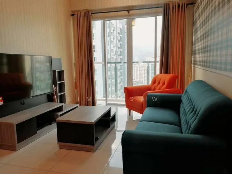 Living features: 3-seater fabric sofa in teal, 2-seater armchair in orange, coffee table with wooden surface, TV console with storage, wall-mounted TV, floor-to-ceiling windows, curtains in beige, tile flooring, decorative wall with patterned wallpaper, mountain view visible through windows; style: modern; view: mountain.