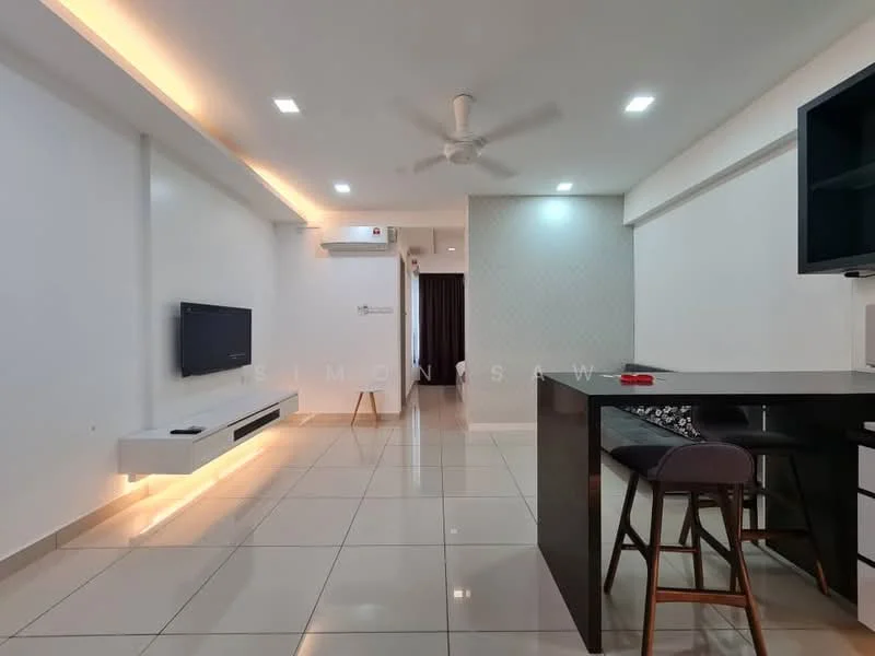 Living features: white painted walls, glossy tile flooring, recessed downlights, 5-blade ceiling fan, wall-mounted TV, floating TV console, open-plan layout, dining table with stools, dark wood cabinetry, decorative wall panel, air conditioning unit; style: modern.
