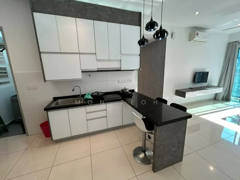 Kitchen features: white cabinetry with flat-panel doors, grey stone countertop, single-bowl stainless-steel sink, chrome pull-down faucet, built-in stove, black bar counter, white bar stools, recessed downlights, wall-mounted air conditioning unit, ceramic tile flooring, wall-mounted TV, open layout to living area; style: modern.