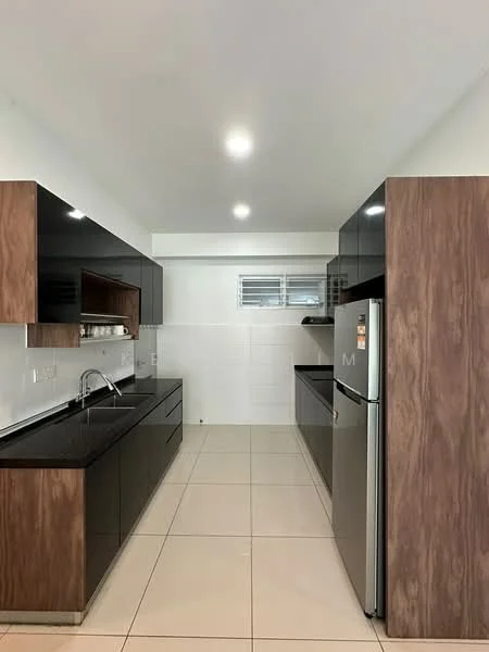 Kitchen features: black granite countertop, dark wood cabinetry, stainless-steel fridge, single-bowl stainless-steel sink, chrome pull-down faucet, white tiled backsplash, ceramic tile flooring, recessed LED downlights, built-in oven, microwave, open shelving, window for natural light; style: modern.