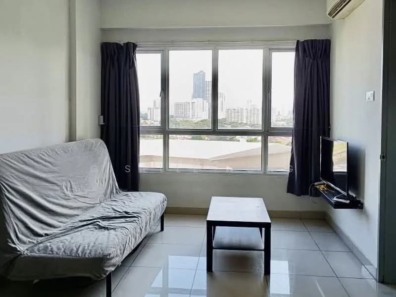 Living features: grey fabric sofa bed, coffee table, floor-to-ceiling windows, black TV console, wall-mounted TV, curtains in dark grey, white painted walls, tile flooring; style: modern; view: city.
