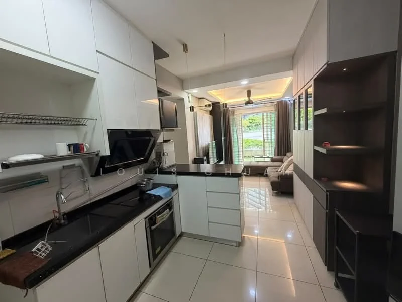 Kitchen features: white cabinetry, black countertop, stainless-steel sink, chrome pull-down faucet, built-in oven, stainless-steel range hood, 4-burner gas hob, ceramic tile flooring, recessed downlights, open shelving, wall-mounted cabinets, kitchen island, floor-to-ceiling windows, curtains; style: modern; view: garden. Living features: sofa, coffee table, TV console, area rug, recessed downlights, curtains; style: modern; view: garden.
