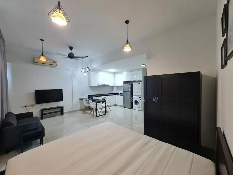Living features: white painted walls, polished tile flooring, 5-blade ceiling fan with light, 2-seater fabric sofa in navy blue, wall-mounted TV, black TV console, dining table with 4 chairs, recessed downlights, air conditioning unit, built-in wardrobe, washing machine, dryer; style: modern.