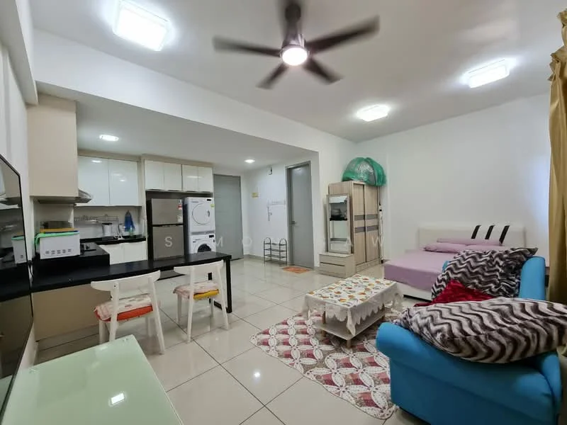 Living features: 3-seater fabric sofa in blue, 2-seater bed with purple bedding, coffee table with decorative items, area rug with geometric pattern, ceiling fan, wall-mounted TV, dining table with 2 chairs, sliding glass door, white painted walls, tile flooring, recessed downlights; style: modern. Kitchen features: white cabinetry, black countertop, stainless-steel fridge, built-in oven, washing machine, ceramic tile flooring, recessed downlights; style: modern.