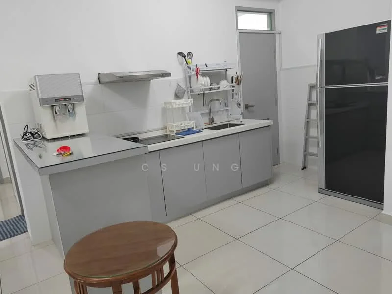 Kitchen features: grey cabinetry, white countertop, stainless-steel sink, chrome pull-down faucet, built-in stove, microwave, stainless-steel fridge, tile flooring, wall-mounted shelving, kitchen island, window with natural light, white walls, recessed lighting; style: modern.