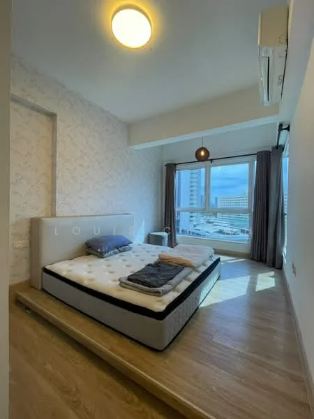 Bedroom features: queen-size bed, upholstered headboard, wooden flooring, floor-to-ceiling windows, curtains, air conditioning unit, ceiling light fixture, decorative wall with floral pattern, bedside table, bedding and pillows; style: modern; view: city.